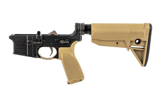 BCM complete AR 15 lower is fully assembled with BCM Mod 3 pistol grip, MOD 0 stock, and trigger guard all in FDE